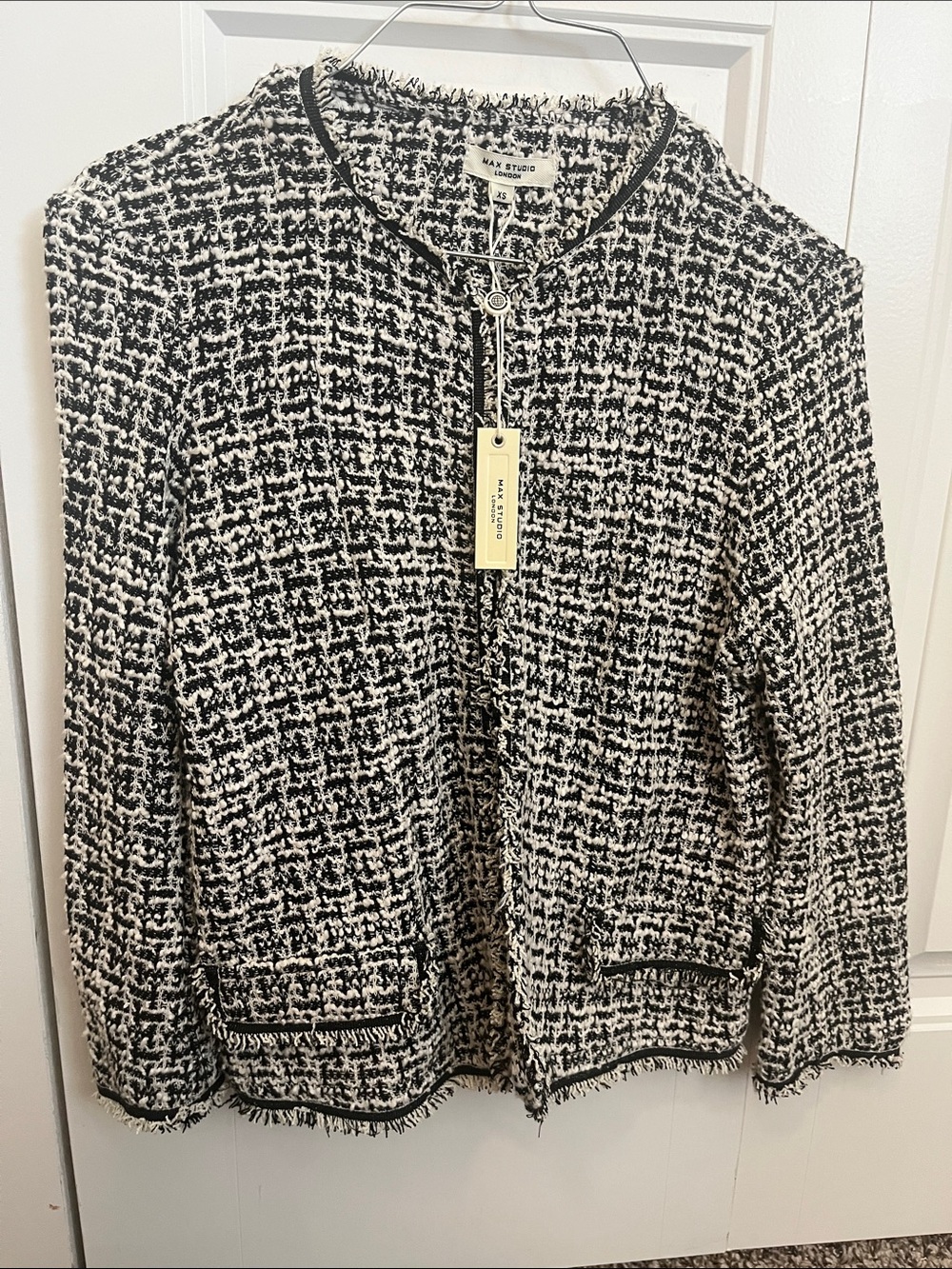 Max Studio Black & White Tweed Zip Blazer with Fringe Trim